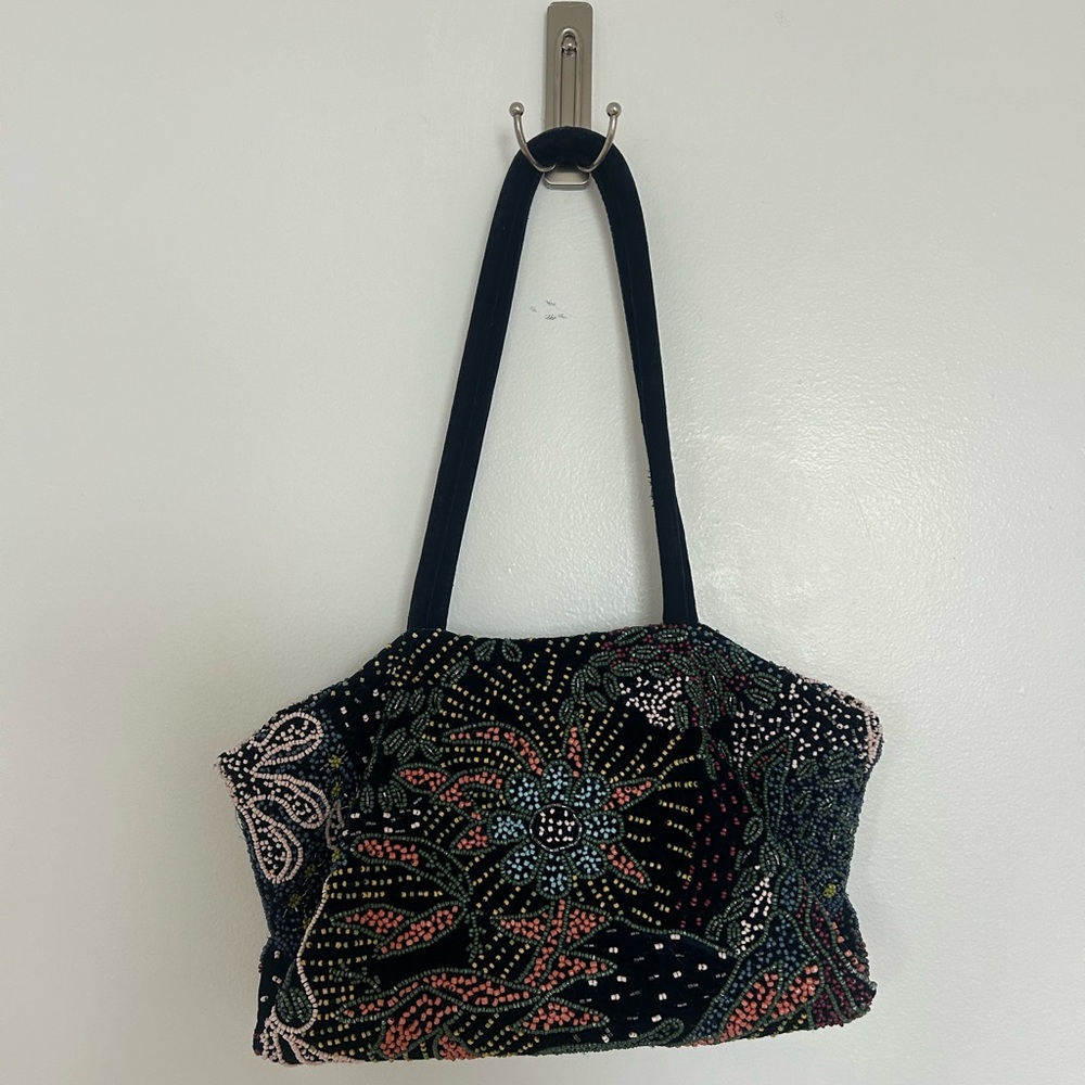 Zara Black Beaded Floral Shoulder Bag
